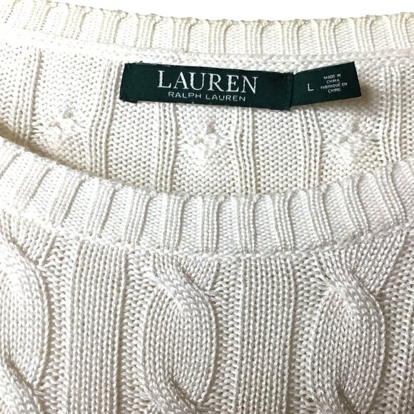LAUREN RALPH LAUREN Green Label Cable Knit Sweater L White Crest Patch 90s Prep - Picture 5 of 7